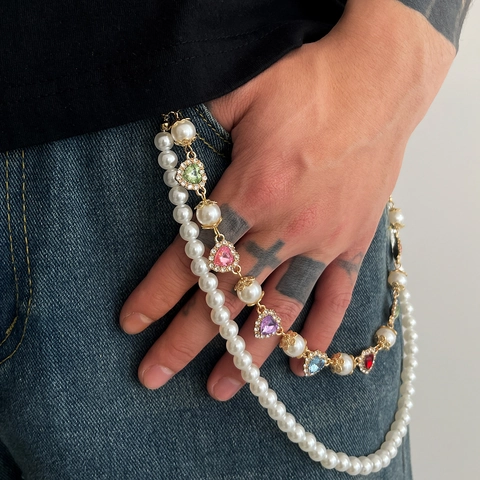 Men Multi Layer Pant Chain Artificial Pearl Colorful Heart Rhinestone Hip Hop Jeans Accessories Fashion Waist Chain