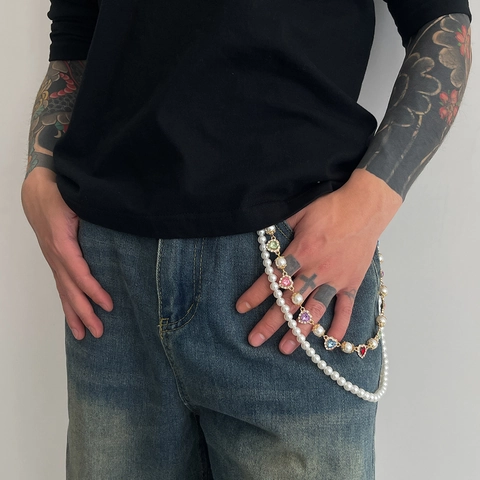 Men Multi Layer Pant Chain Artificial Pearl Colorful Heart Rhinestone Hip Hop Jeans Accessories Fashion Waist Chain