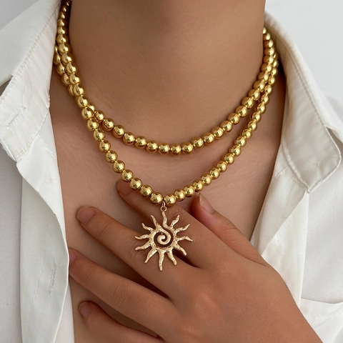 Bohemian Double Layer Sun Pendant Necklace Vintage Alloy Bead Artificial Pearl Hip Hop Choker Jewelry For Men Women Gift