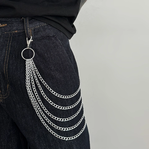Catena da Pantaloni in Metallo Multistrato Hip Hop Uomo Argento Stile Punk Decorativa per Jeans Accessori Streetwear