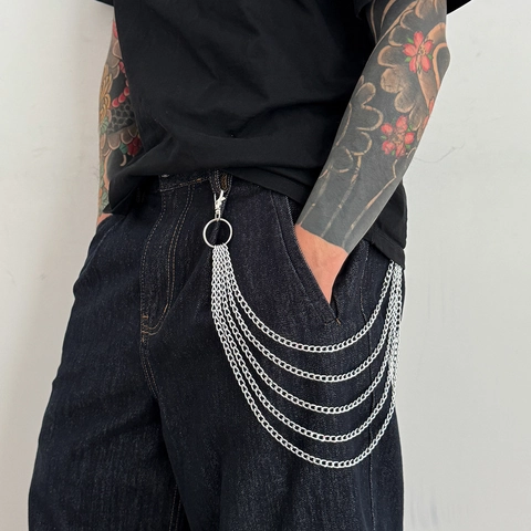 Catena da Pantaloni in Metallo Multistrato Hip Hop Uomo Argento Stile Punk Decorativa per Jeans Accessori Streetwear
