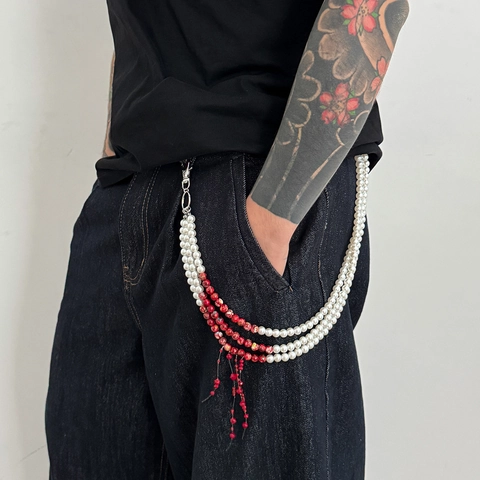 Cadena de Pantalón Hip Hop para Hombre con Perlas Artificiales Multicapa Cadena de Cintura con Borlas Accesorio de Moda