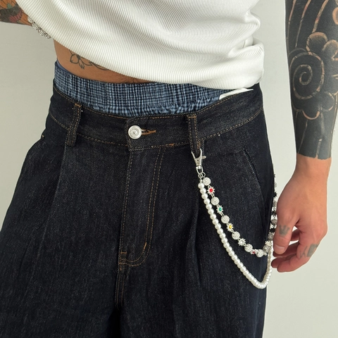 Catena da Pantalone Punk da Uomo in Lega Perle Artificiali Strass Catena da Vita a Doppio Strato Ciondolo Floreale