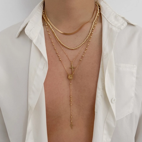 Hommes Mode Colliers Multi-rangs Or Argent Alliage Chaîne Serpent Chaîne à Billes Pendentif Croix Médaille Religieuse Bijoux