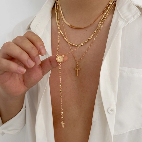 Hommes Mode Colliers Multi-rangs Or Argent Alliage Chaîne Serpent Chaîne à Billes Pendentif Croix Médaille Religieuse Bijoux