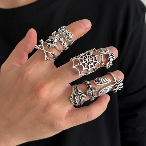 Vintage Gothic Punk Skull Ring Collection For Men Antique Silver Alloy Spider Web Bat Wing Biker Rings Dark Grunge Jewelry