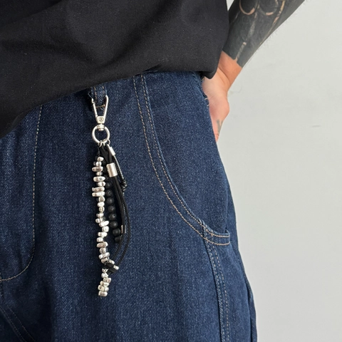 Punk Street Multi-layer Alloy Beads Volcanic Stone Keychain With Korean Velvet Rope Trendy Trouser Hook Bag Charm Men Women