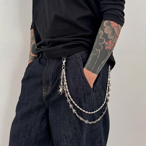 Catena per Pantaloni a Doppio Strato Ragno da Uomo in Lega Gothic Punk Catena per Jeans Streetwear Argento Accessorio per la Vita