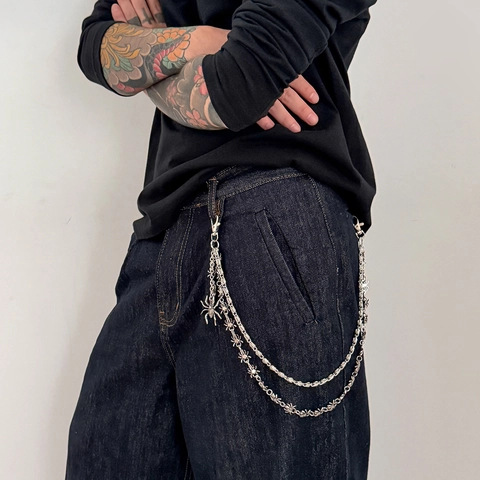 Catena per Pantaloni a Doppio Strato Ragno da Uomo in Lega Gothic Punk Catena per Jeans Streetwear Argento Accessorio per la Vita
