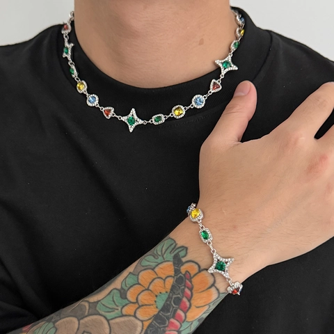 Luxury Alloy Colorful Acrylic Gemstone Star Pendant Necklace Bracelet Jewelry Set For Men Women Street Punk Rhinestone Accessories