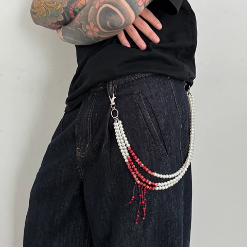 Catena per Pantaloni Multistrato Punk Hip Hop da Uomo Perle Artificiali Cristallo Rosso Nappina Catena Tonalità Argento