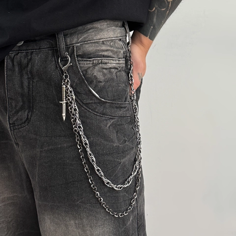 Chaîne de Pantalon en Alliage Double Couche Punk Hip Hop Avec Pendentif Mini Poignard Chaîne de Taille en Métal Gothique pour Accessoire Jeans Homme