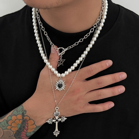 Men Gothic Hip Hop Layered Necklace Artificial Pearl Alloy Iron Chain Cross Heart Star Pendant White Gold Color Jewelry