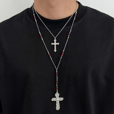 Vintage Gothic Layered Cross Pendant Necklace Set For Men Silver Tone Copper Iron Chain With Red Beads Artificial Pearl