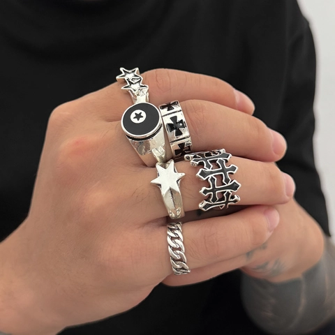 Herren Vintage Silber Legierung Stapelbar Verstellbar Fingerringe Punk Gothic Hip Hop Stern Kreuz Kette Mode Schmuck Geschenk