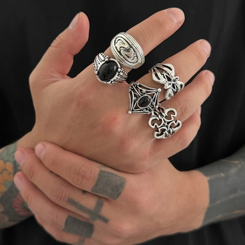 Men Vintage Gothic Rings Alloy Black Rhinestone Hollow Star Cross Pattern Punk Style Party Jewelry Finger Accessory