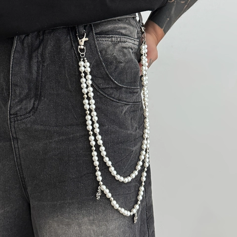 Catena per Pantaloni con Perle Artificiali a Doppio Strato Con Ciondolo Croce Gotica Punk Streetwear Catena in Vita Uomo Donna