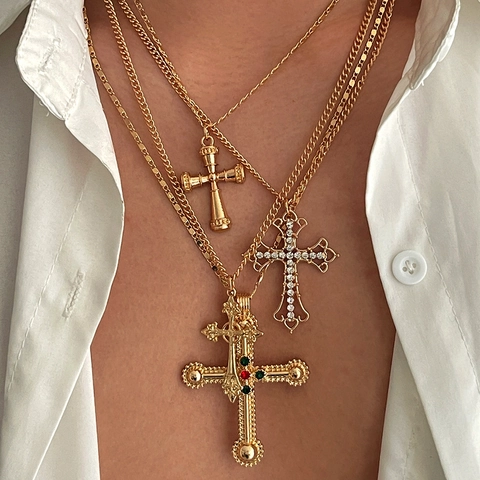 Men Hip Hop Layered Cross Pendant Necklace Multi Layer Alloy Iron Chain Rhinestone Retro Style Gold Silver Jewelry Gift