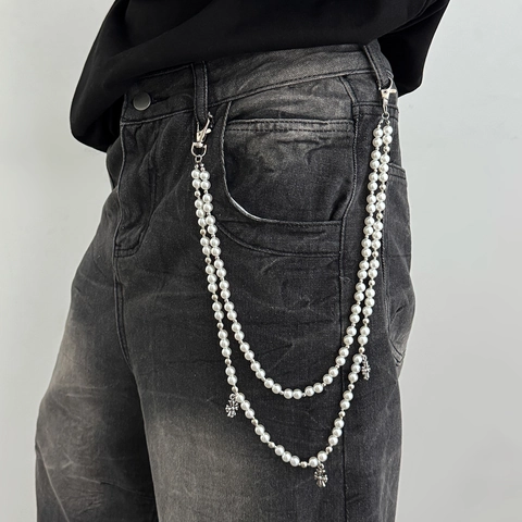 Uomo Gotico Catena per Pantaloni in Perla Artificiale a Doppio Strato Ciondolo a Croce in Lega Hip Hop Streetwear Catena in Vita