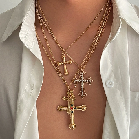 Men Hip Hop Layered Cross Pendant Necklace Multi Layer Alloy Iron Chain Rhinestone Retro Style Gold Silver Jewelry Gift
