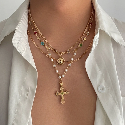 Vintage Multi-layer Cross Pendant Necklace For Men Women Gold Silver Plated Artificial Pearl Colorful Rhinestone Sun Charm Layered Chain Jewelry