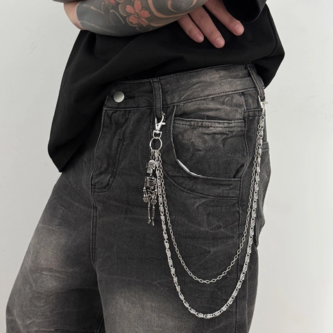 Men Punk Gothic Skull Pants Chain Double Layer Alloy Skeleton Wallet Chain Hip Hop Streetwear Waist Hanging Jewelry
