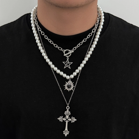 Men Gothic Hip Hop Layered Necklace Artificial Pearl Alloy Iron Chain Cross Heart Star Pendant White Gold Color Jewelry