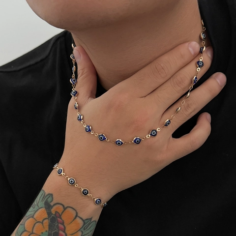 Bijoux Mauvais Œil en Alliage et Acrylique Faits à la Main pour Hommes Collier Bracelet Chaîne Plaqué Or Perles Bleues et Rouges