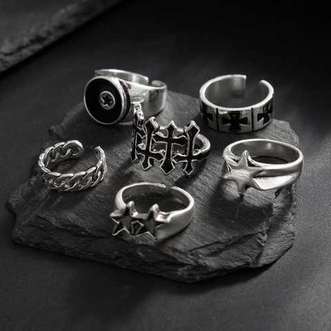 Men Vintage Cross Pentagram Stackable Rings Punk Gothic Hip Hop Alloy Silver Color Enamel Star Finger Jewelry Gift