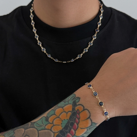 Bijoux Mauvais Œil en Alliage et Acrylique Faits à la Main pour Hommes Collier Bracelet Chaîne Plaqué Or Perles Bleues et Rouges