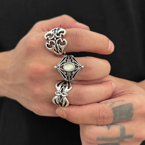 Vintage Alloy Rhinestone Ring Set Antique Silver Gothic Hollow Totem Geometric Adjustable Finger Rings Men Hip Hop Jewelry
