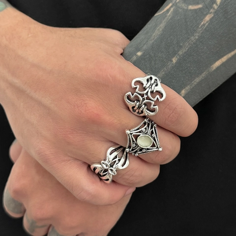 Vintage Alloy Rhinestone Ring Set Antique Silver Gothic Hollow Totem Geometric Adjustable Finger Rings Men Hip Hop Jewelry