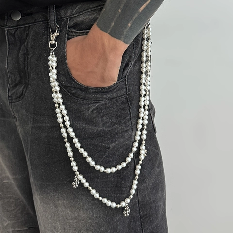 Catena per Pantaloni con Perle Artificiali a Doppio Strato Con Ciondolo Croce Gotica Punk Streetwear Catena in Vita Uomo Donna