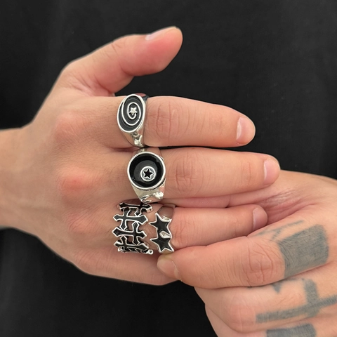 Vintage Punk Ring Set Für Herren Gothic Silberton Stern Kreuz Verstellbar Legierung Fingerringe Hip Hop Street Mode Schmuck