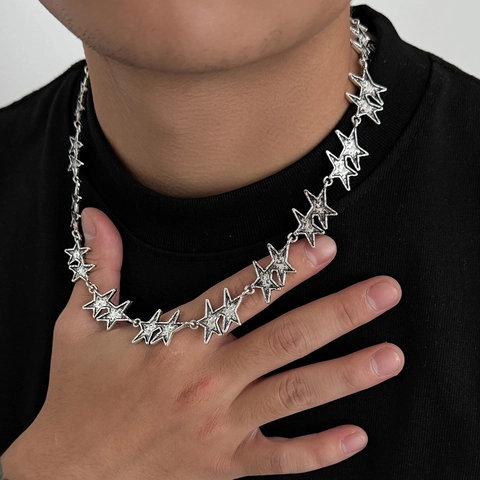 Collana da Uomo Punk con Stelle in Lega e Strass Pendente a Forma di Stella Argento Antico Gioielli Hip Hop