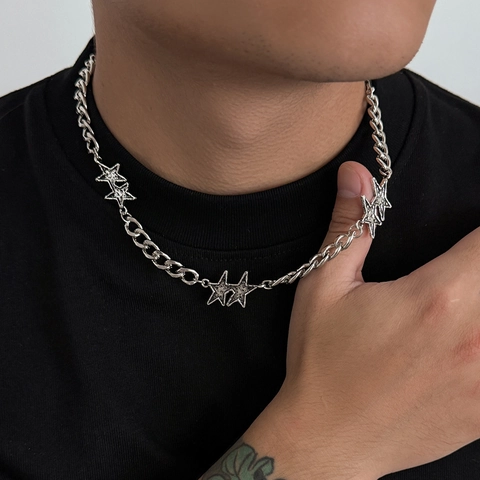 Men Star Pendant Necklace Curb Chain Alloy Rhinestone Hip Hop Punk Silver Plated Jewelry Gift Adjustable Starry Charm Neckwear