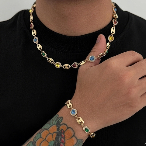 Set di Collana e Bracciale da Uomo Hip Hop con Maglia Marina e Strass Multicolore in Lega con Fibbia a Muso di Maiale