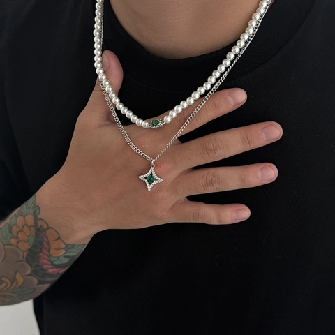 Herren Doppellagiges Halsketten-Set Legierung Künstliche Perlenkette Grüner Stein Sternanhänger Strass Hip Hop Mode Schmuck