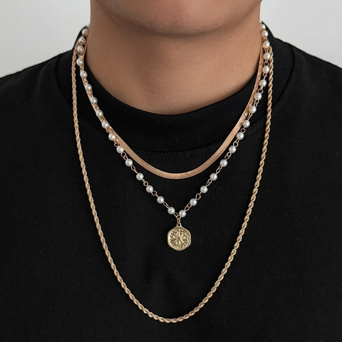 Men Layered Necklace Set Gold Plated Iron Copper Alloy Artificial Pearl Compass Coin Pendant Snake Twist Chain Jewelry