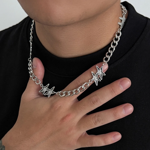 Men Star Pendant Necklace Curb Chain Alloy Rhinestone Hip Hop Punk Silver Plated Jewelry Gift Adjustable Starry Charm Neckwear