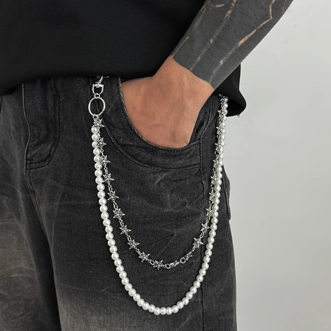 Cadena de Cintura de Doble Capa Hip Hop para Hombre Metal Plateado Pentagrama Cadena de Pantalón con Perla Artificial Streetwear Punk