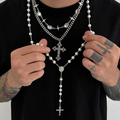 Men Layered Cross Pendant Necklace Alloy Artificial Pearl Rhinestone Beaded Jewelry Retro Gothic Silver Tone Necklaces
