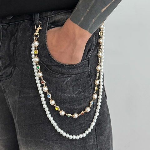 Cadena de Pantalón de Aleación de Doble Capa para Hombre y Mujer Con Perla Artificial Diamante de Color Accesorio de Cinturón