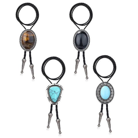 Cravatta Bolo Western Cowboy Ciondolo in Lega Vintage con Pietra Sintetica Collana in Corda Intrecciata Regolabile Unisex