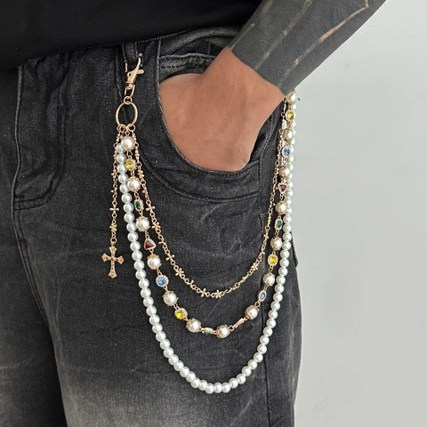 Chaîne de Pantalon Homme Multicouche Hip Hop Perle Artificielle Strass Alliage Pendentif Croix Chaîne de Taille Bijoux Or Accessoire Mode