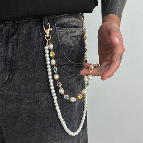 Herren Hip Hop Doppelreihig Kunstperlen Farbige Strass Hosenkette Legierung Jeans Hüftkette Punk Streetwear Schmuck Anhänger