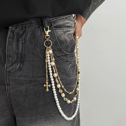 Hip Hop Multistrato Catena per Pantaloni Lega Perla Artificiale Ciondolo Croce Strass Catena Vita Streetwear Uomo Donna