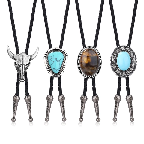 Vintage Western Cowboy Bolo Tie Retro Alloy Bull Head Artificial Turquoise Stone Pendant Necklace Adjustable Synthetic Leather Cord Men Jewelry