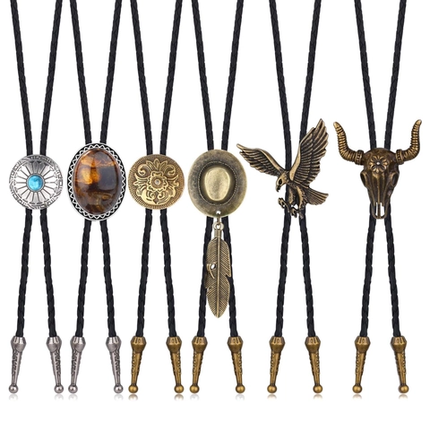 Vintage Western Cowboy Bolo Tie Alloy Animal Bull Head Star Pendant Braided Artificial Leather Cord Necklace Jewelry For Men Women