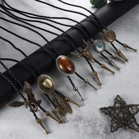 Vintage Western Cowboy Bolo Tie Alloy Animal Bull Head Star Pendant Braided Artificial Leather Cord Necklace Jewelry For Men Women